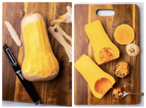 A butternut squash being peeled, next to a squash sliced in half with the seeds being removed.